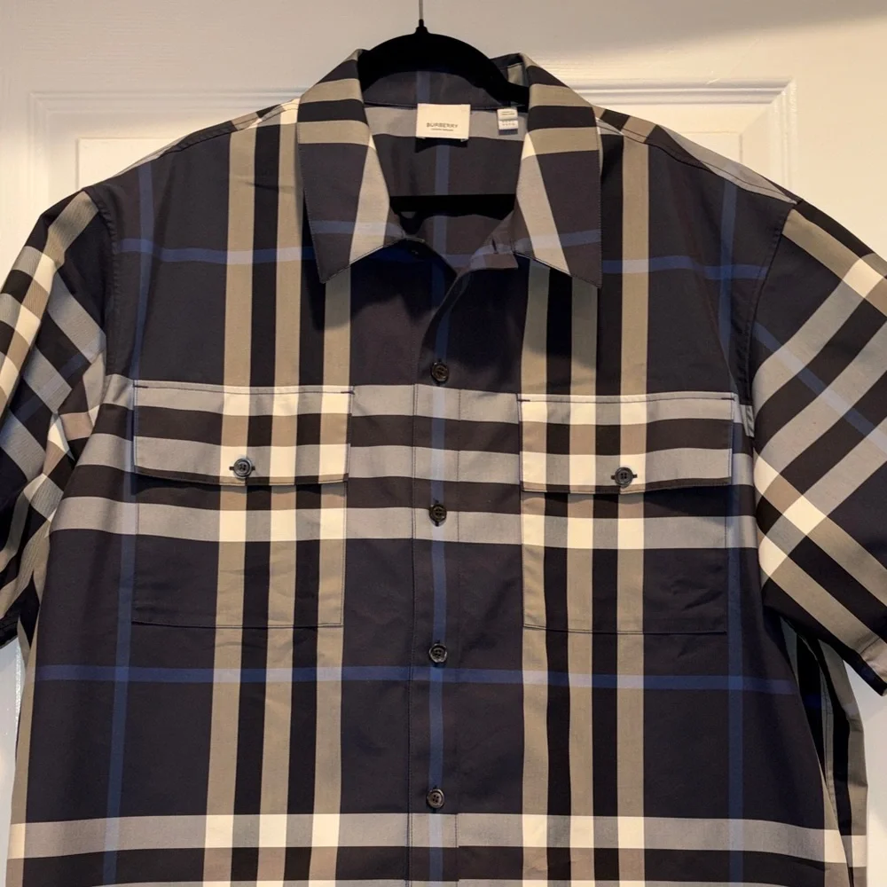 Burberry Men's Short-Sleeve Plaid Button-Up Shirt - Black & White - Picture 4 of 8